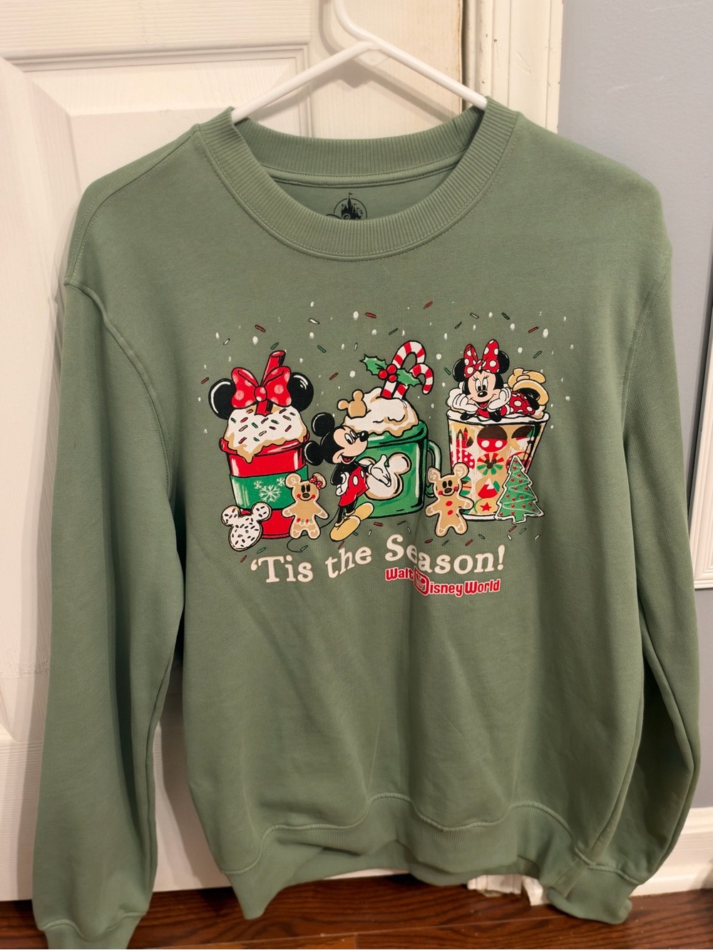Disney Womens Sage Green Holiday Crewneck with Mickey & Minnie